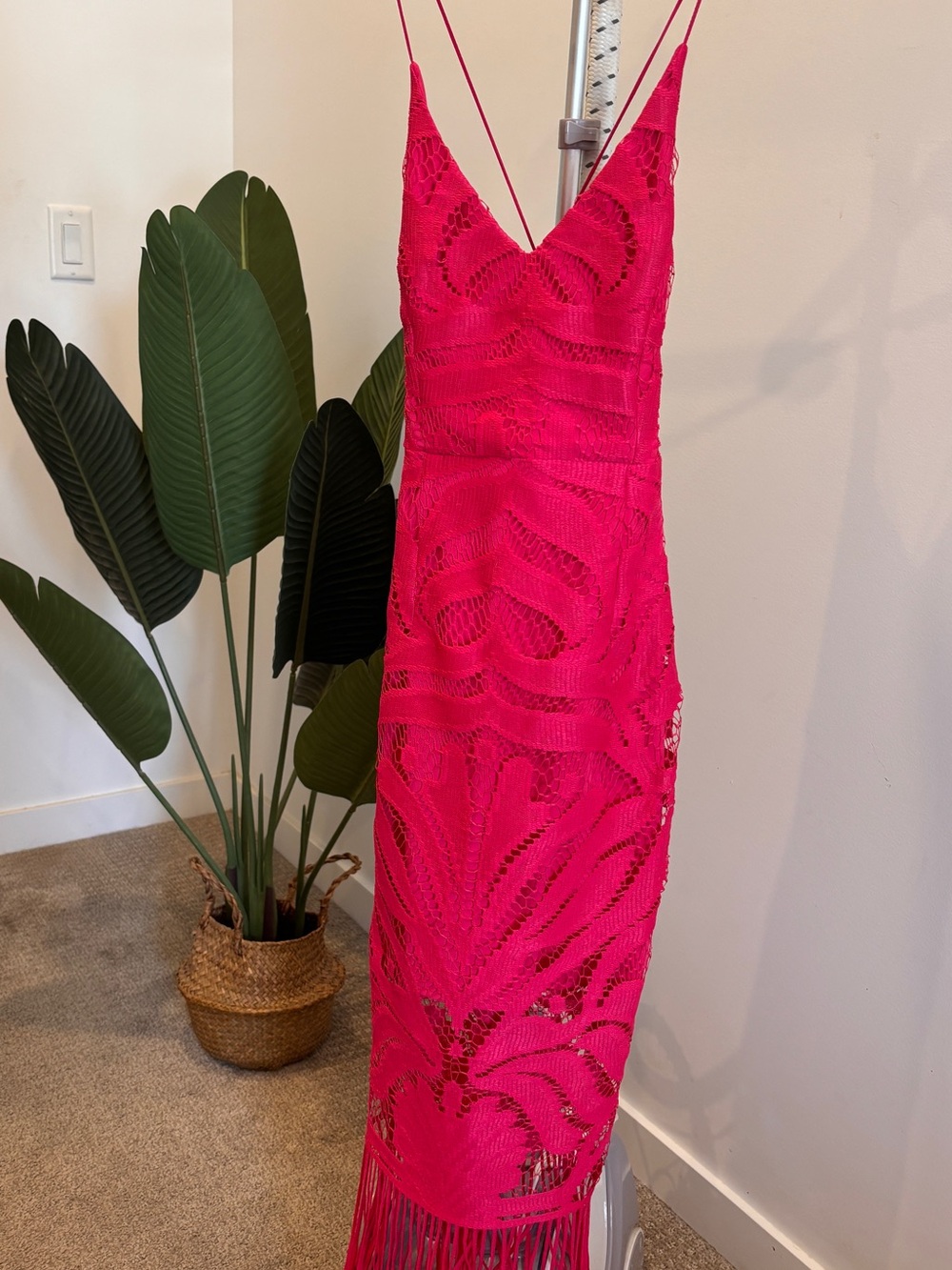 Fuchsia Lace Midi Dress with Fringe Detailing